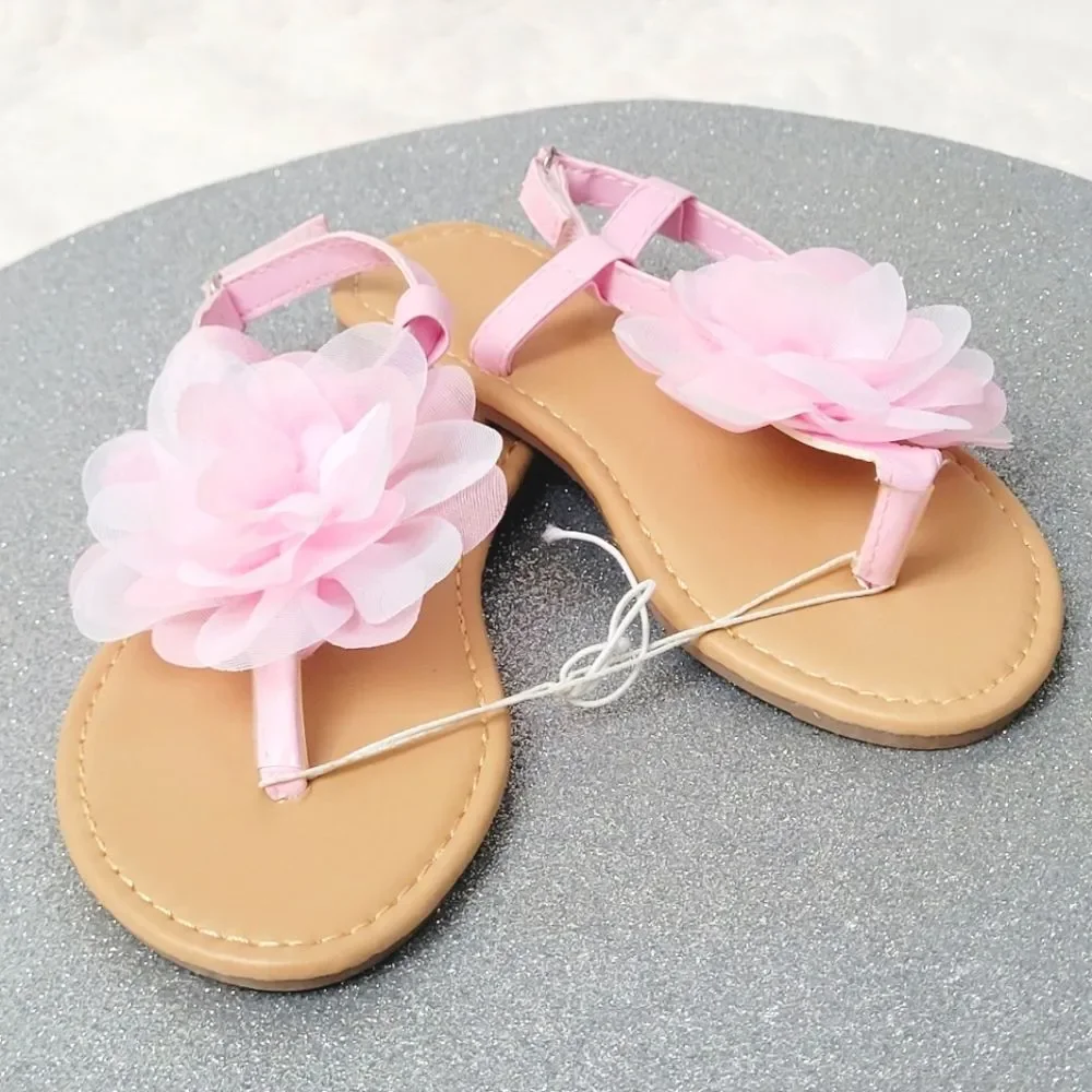 Pink Spring Flower Thong Sandals Ankle Strap Toddler Girls Size Large 9 - 10 New